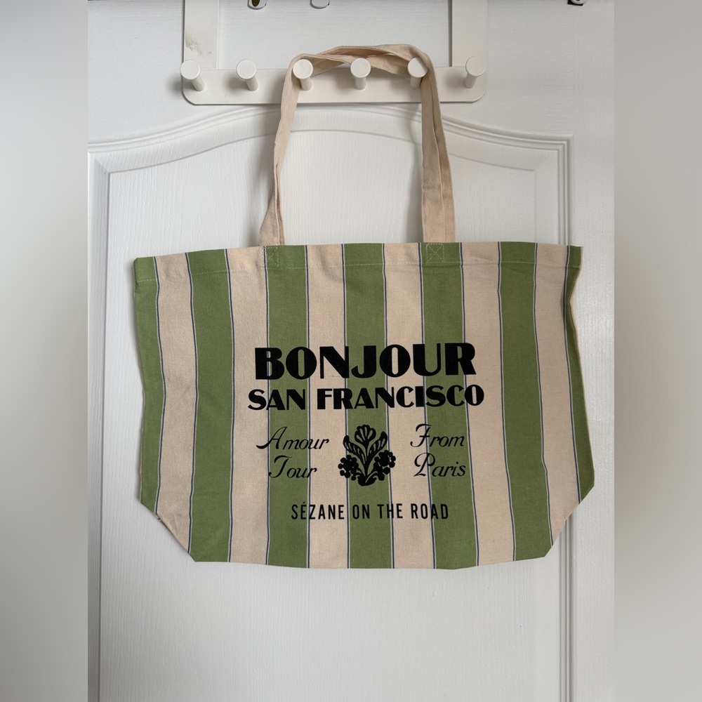 Brand New Sézane Green and Cream Striped 'Bonjour San Francisco' Tote